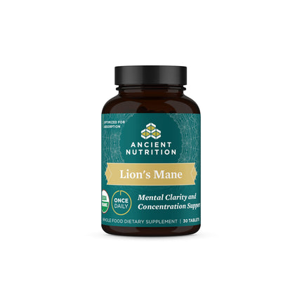 Organic Lion's Mane Mushroom Supplement with Ashwagandha by Ancient Nutrition, Organic Lion's Mane Supports Healthy Energy and Concentration, Reduces Fatigue, Gluten Free and Keto Friendly, 30 Tablets