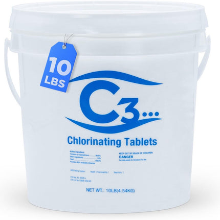 C3… 10 lbs. 3" Stabilized Chlorine Tabs for Swimming Pools | Easy to Use for Above Ground or Inground Pool | Slow Dissolving Individual Chlorinating Tablets | 10 Pound Bucket