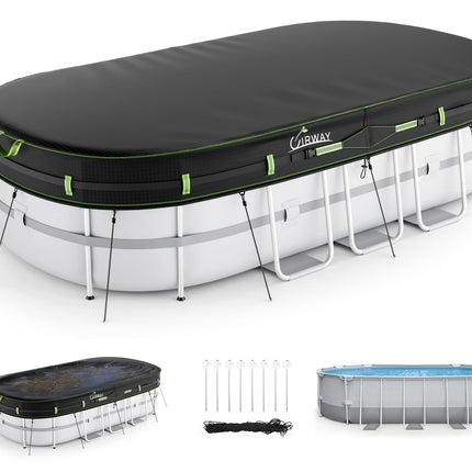 UIRWAY 10x16 FT Oval Pool Cover with Reflective Strips for Above Ground Pool, Oval Solar Pool Cover Including Windproof Rope Tie and Luminous Ground Nails, Swimming Pool Cover with 2 Handles