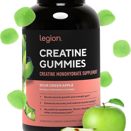 LEGION Creatine Monohydrate Gummies for Men & Women – Clean Chewable Creatine Supplement for Strength, Endurance & Muscle Recovery – 30 Sour Green Apple Flavor Servings – No Artificial Flavors