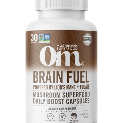 OM MUSHROOM SUPERFOOD Brain Fuel Mushroom Powder Capsules Superfood Supplement, 90 Count, 30 Days, Lion's Mane, Reishi Blend Plus Folate, Mental Clarity, Mushroom Supplement