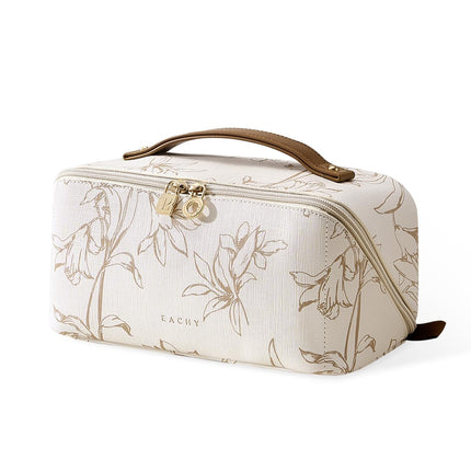 EACHY Travel Makeup Bag, Floral Cosmetic Bag for Women, Beige, Medium