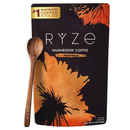 RYZE SUPERFOODS Mushroom Coffee Dark Roast, 6 Adaptogenic Mushrooms & Prebiotic Blend, Instant Coffee Supports Energy, Focus, Digestion & Immunity, Lions Mane & Turkey Tail, 30 Servings