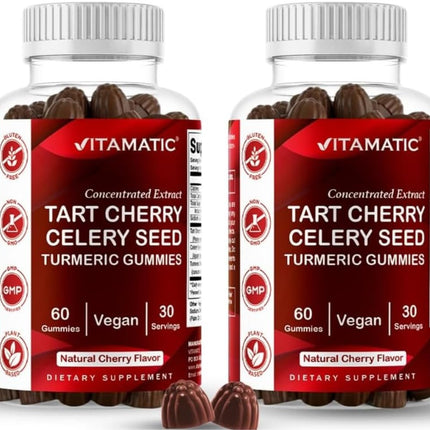 Vitamatic Tart Cherry (360 mg) with Celery Seed (30 mg) 10:1 Extract & Turmeric 20:1 Extract (10 mg) - (Per Serving/2 Gummies) - 60 Gummies (Pack of 2)
