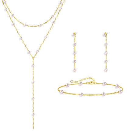 HAXIYA Lariat Long Gold Necklace for Women Pearl Y Necklaces Set