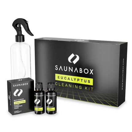 SAUNABOX All-Natural Sauna Cleaning Kit | Eco-Friendly Eucalyptus Multi-Surface Cleaner Concentrate – Chemical-Free & Biodegradable | Safe for Sauna Tents, Benches & Mats (2x1 FL.OZ./30mL)