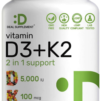 DEAL SUPPLEMENT Vitamin D3 5,000 IU + K2 MK7 Softgels, 250 Count | 2-in-1 Complex | Easy to Swallow