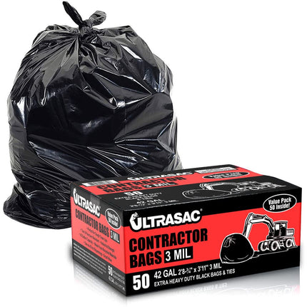 Ultrasac Contractor Bags, 42 Gallon, 32.75" X 47" - 3 MIL Thick Large Black Trashbags for Construction and Commercial use - (1 Pallet of 112 Cases, 5600 Bags Total), 50 Ct. (719963)