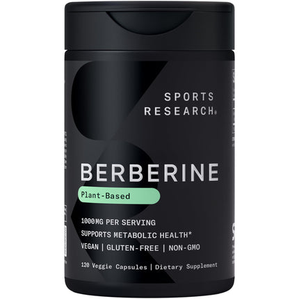 Sports Research Berberine - Herbal Ayurvedic Metabolic Health Support - 1000mg - 120 Capsules - Vegan Certified, Gluten-Free, Non-GMO