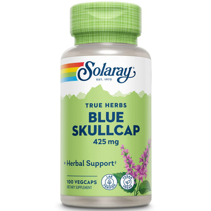 SOLARAY Blue Skullcap Supplement - 425mg Skull Cap Extract Capsules for Women & Men, Whole Aerial, GMO Free, Lab Verified Formula - 100 Ct VegCaps