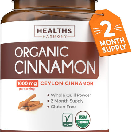 USDA Organic Ceylon Cinnamon Pills - High Potency Ceylon Cinnamon Supplement with 1000mg per Serving for Full Body Antioxidant Support - Vegan Non-GMO cGMP Made & Lab Verified (2 Months Supply)