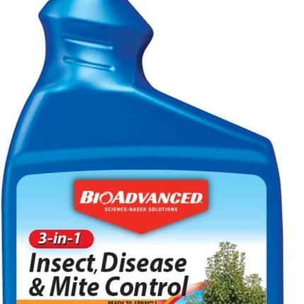 BioAdvanced 3-in-1 Insect, Disease, and Plant Mite Control - Insecticide, Fungicide & Miticide - Ready-to-Spray- Prevents Pests and Diseases - Up to 30 Days Protection - 32 fl oz Bottle