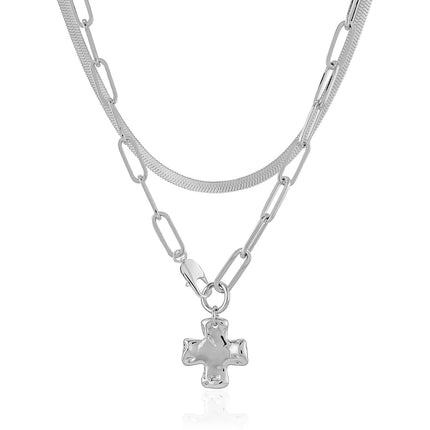 Bheop Chunky Cross Necklace for Women, Silver Layered Herringbone Necklace
