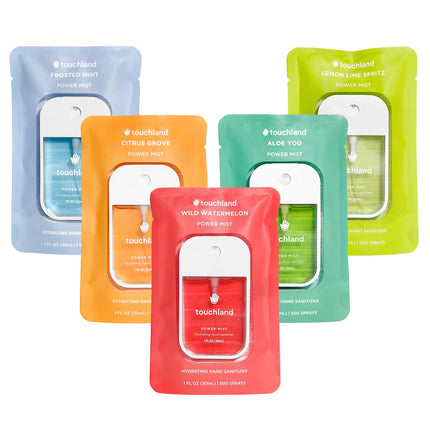 Touchland Hydrating Hand Sanitizer Spray – Fresh 5 Set (Frosted Mint, Citrus Grove, Lemon Lime, Aloe You, Wild Watermelon) – 5 x 1 FL OZ Travel Size Mists