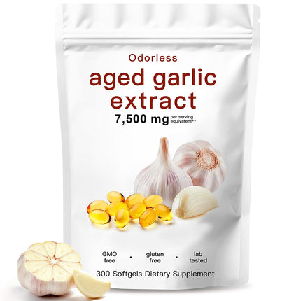 AOLBSPD Aged Garlic Extract-300 Count Odorless Organic Garlic Capsules Supplement for Heart & Immune Support – Non-GMO, All-Natural Softgels, 2-Year Matured for Antioxidant Wellness