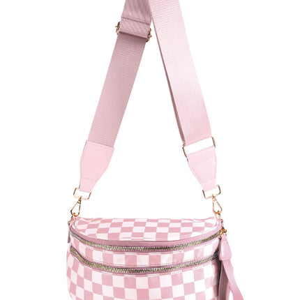 Black and White Checkered Crossbody Bum Bag for Women,Spacious Checkered Purse Fanny Packs Belt Bag Sling Bag with Shoulder Strap (Light Pink Checkered)