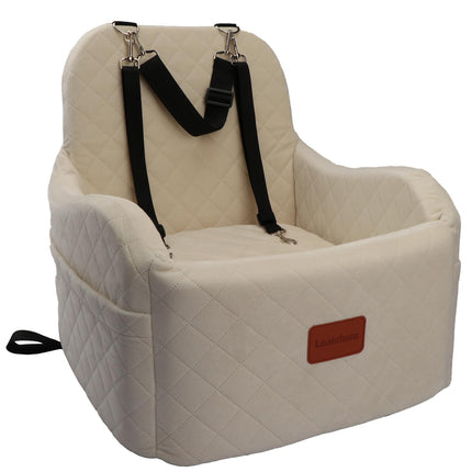 Lealchum Dog Booster Car Seat,Ultra Soft Fabric & Filling Memory Foam,Elevated Cushion,3 Straps & Safety Belt Channel,Anti-Slip Base,Fully Detachable and Washable(Beige,Medium)