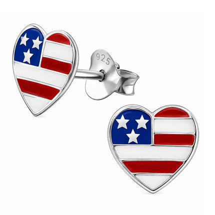 925 Sterling Silver American Flag Stud Earrings USA Patriotic 4th of July Independence Day Tiny Ear Stackable Jewelry Jewelry (Heart)