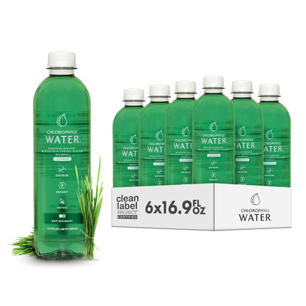 Chlorophyll Water (6-Pack) Clean Label Certified Bottled Water, Plant-Based Vitamin Infused Drink with Chlorophyll, Spearmint & Lemon, Hydration & Wellness Beverage (16.9oz)
