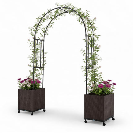Giantex Metal Garden Arch Trellis Arbor with 2 Self-Watering Planter Boxes, 80" L x 16" W x 91" H PE-Coated Archway with Lockable Rolling Wheels for Climbing Vines, Yard Lawn Party Decorations