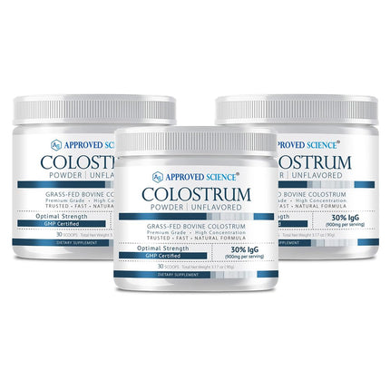 Approved Science Colostrum Powder - 30% IgG - Grass-fed Bovine Colostrum Supplement - 3000mg Serving - Gut Health, Immune Support - RBST-Free, Non-GMO - Unflavored - 30 Servings (Pack of 3)
