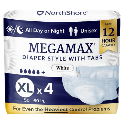 NorthShore MegaMax 12-Hour HBL Adult Diapers for Heavy Bladder Leaks, X-Large, 4 Count, White, 50-60 inches, Tab-Style Incontinence Underwear for Men, Women & Teens