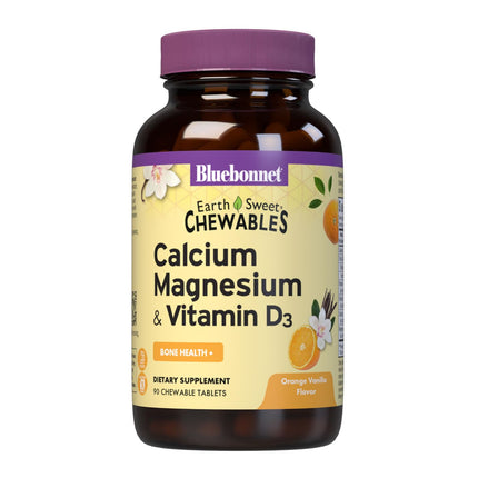 Bluebonnet Nutrition Calcium Magnesium Plus Vitamin D3 Earthsweet, Bone Health & Muscle Relaxation, Soy-Free, Gluten-Free, Kosher, Dairy-Free,90 Orange Vanilla Flavored Chewable Tablets