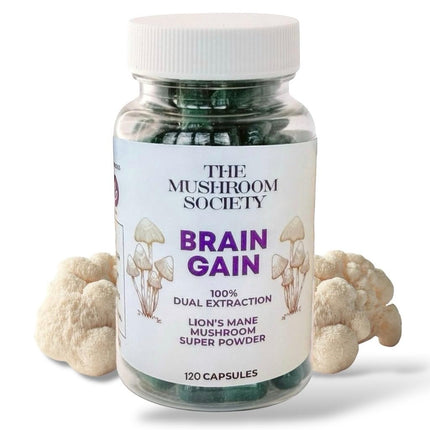 The Mushroom Society Brain Gain Lion’s Mane Supplement - 1000 mg Organic Dual Extraction with 30% Beta-Glucans for Memory, Focus & Brain Health - 120 Vegan Capsules