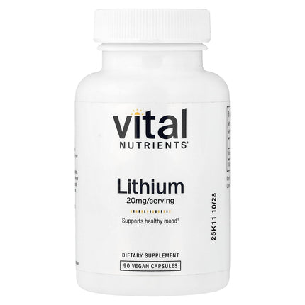 Vital Nutrients Lithium Orotate - Vegan Supplements for Memory, State of Mind, and Behavioral Health* - 20mg - Gluten, Dairy, Soy Free - 90 Capsules