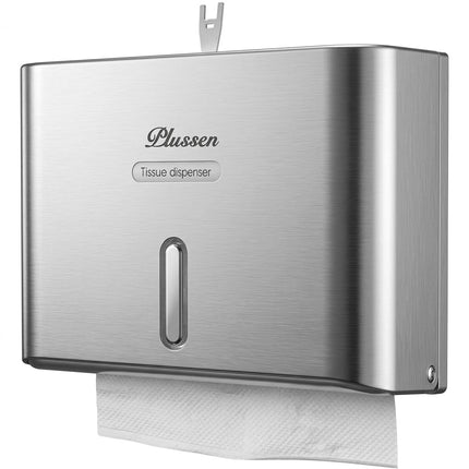 PLUSSEN Commercial Paper Towel Dispenser Wall Mount, Lockable Multifold C-Fold Trifold Hand Towel Holder, No-Drill Adhesive ABS for Bathroom Restaurant Office, Silver