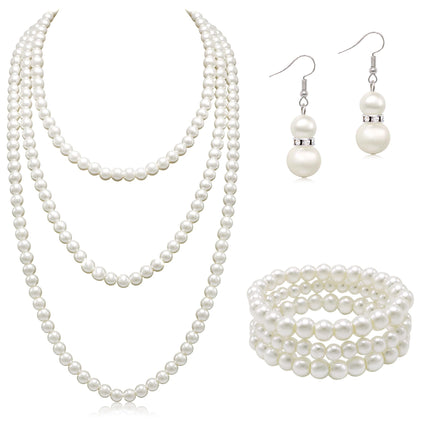Long Pearl Necklace for Women Layered Cream White Faux Pearl Beads Strand Necklace Pear Stretch Bracelets Earring Costume Jewelry Set,3Pcs,Christmas Jewelry for Women