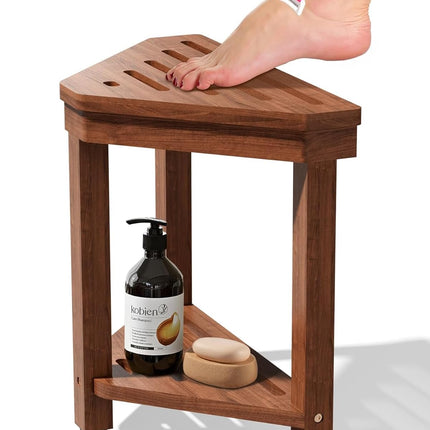 Shower Foot Rest 15 in, Acacia Shower Stool for Shaving Legs,Corner Bath Shower Bench with Starage Shelf for Inside Small Shower Spaces