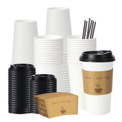 BYSNOW 20 oz 50 pack Disposable Paper Coffee Cups, Paper To Go Cups with Lids, Sleeves and Stirring Sticks, Hot Paper Cups for Home, Office and Party (White 20oz)