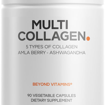Codeage Multi Collagen Peptides Protein Capsules, 5 Collagen Types, Grass-Fed & Hydrolyzed Bovine Collagen Pills Supplement, Ashwagandha, Amla Berry Vitamins, Collagen Peptides - 90 Capsules