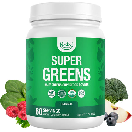 Nested Naturals Super Greens Daily Superfood Powder - Certified USDA Organic Green Powder w/Whole Foods, Spirulina Powder, Wheat & Barley Grass - Probiotics, Fiber, & Enzymes - Unflavored, 60 Servings