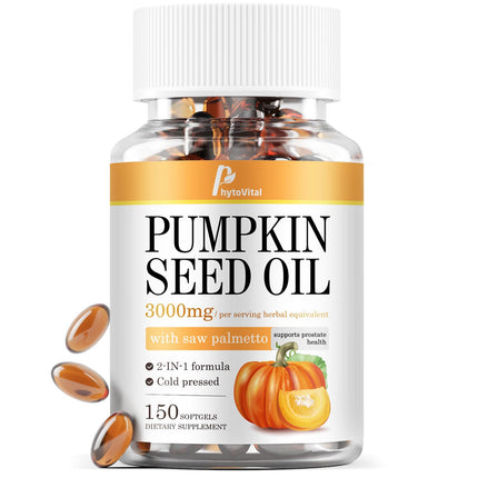 PhytoVital Pumpkin Seed Oil with Saw Palmetto Capsules, 3000mg, 150 Softgels|Cold Pressed Pure Virgin Oil|Essential Fatty Acids, Phytosterols|Immune, Hair, Bladder & Prostate Support | Non-GMO, 1 Pack