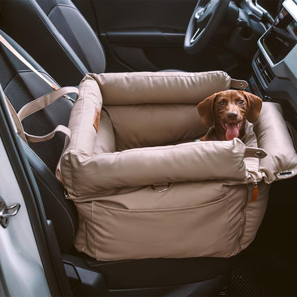 FUNNYFUZZY Leather Dog Car Seat for Small ＆ Medium Sized Dogs Up to 35lbs, Waterproof and Washable Dog Booster Seat Car Bed for Travel and Home,Portable and Safety(Beige)