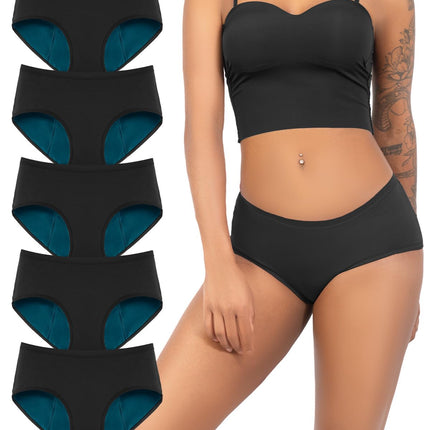 TIICHOO Period Panties Heavy Flow Menstrual Leak Proof Underwear for Women Incontinence 5 Pack (5 Black, XX-Large)