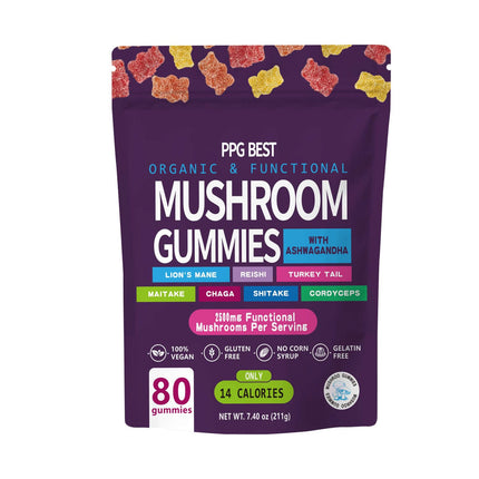 PPG BEST Organic & Functional Mushroom Gummies Supplement ASHWAGANDHA,REISHI,Turkey Tail MAITAKE, SHATAKE Chaga CORDYCEPS BOOSTS Cognitive,Performance Gluten Free,Vegan Low CARB,GUMMIES80