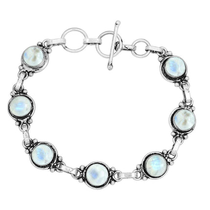 Natural Moonstone 925 Silver Plated Round Gemstone Link Bracelet for Women