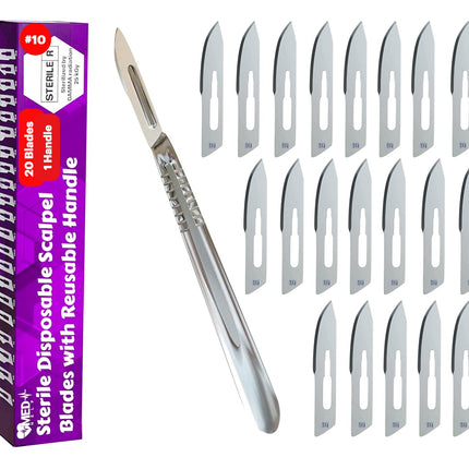 MedHelp Pack of 21 Surgical Blades #10 with Stainless Steel Scalpel Handle - High Carbon Steel Sterile Dermaplane Blades, Dermaplaning Tool for Face, Podiatry, Crafts