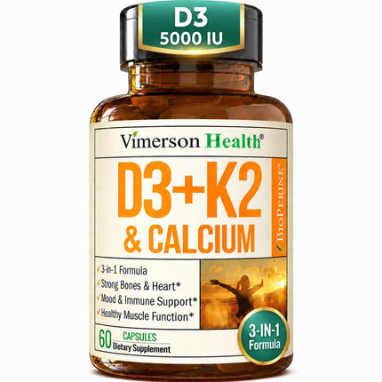 Vitamin D3 K2 Calcium Supplement for Bone, Muscle & Immune Support – Vitamin D3 5000 IU, Vitamin K2 MK7, Calcium & Black Pepper (BioPerine) for Max Absorption – All-in-One Convenience – 60 Capsules