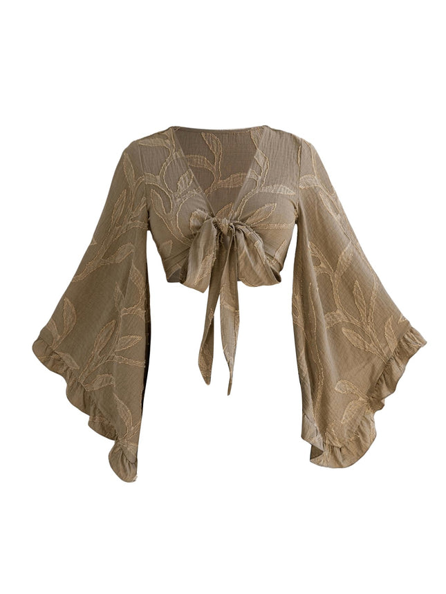 BEAUDRM Women's Boho Tops Wrap Western Country Concert 70s Outfits Tie Front Long Bell Sleeve Tops Hippie Disco Clothes Coffee Brown Medium