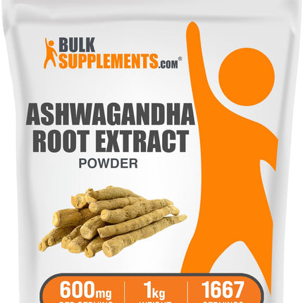 BulkSupplements.com Ashwagandha Root Extract Powder - Ashwagandha Supplement, Herbal Supplement - Vegan & Gluten Free, 600mg per Serving, 1kg (2.2 lbs) (Pack of 1)