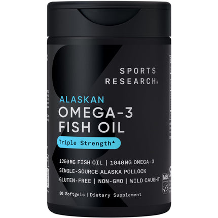 Sports Research Triple Strength Omega 3 Fish Oil 1250mg from Wild Alaskan Pollock - Burpless Fish Oil Supplement with Omega-3 EPA & DHA - Sustainably Sourced, Non-GMO, Gluten Free - 30 Softgels