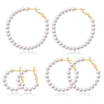CERSLIMO Pearl Hoop Earrings for Women - 3 Pairs 14K Gold Plated Pearl Hoop Earrings Set, S925 Sterling Silver Post Big Large Hoops 4mm Pearl Earrings Jewelry Gifts 20/30/40mm