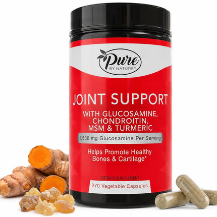 Pure By Nature Glucosamine Chondroitin MSM Turmeric Boswellia (90 Day Supply) - Joint Support Supplement for Women & Men, Nutritional Support for Joint Strength, Gluten Free, Non GMO - 270 Capsules