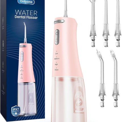 Onlyone Water Dental Flosser Pick for Teeth, 300ML Portable Oral Irrigator, Rechargeable Travel Irrigation Cleaner, Professional Electric Flossing Machine Birthday Gifts for Women,Mom,Girlfriend Pink