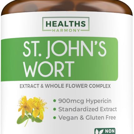 St John's Wort Capsules - Powerful & Potent Saint John's Wort Extract & Whole Herb Complex Standardized to 900mcg Hypericin for Balancing Daily Mood Support - Vegan Non-GMO & Lab Verified (180 Caps)