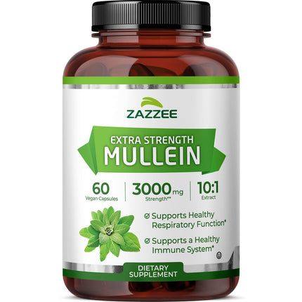 Zazzee Extra Strength Mullein Leaf 10:1 Extract, 60 Vegan Capsules, 2 Month Supply, Verbascum Thapsus, Respiratory & Lung Support, Certified Kosher, 100% Pure Leaf Powder, Non-GMO, Made in the USA